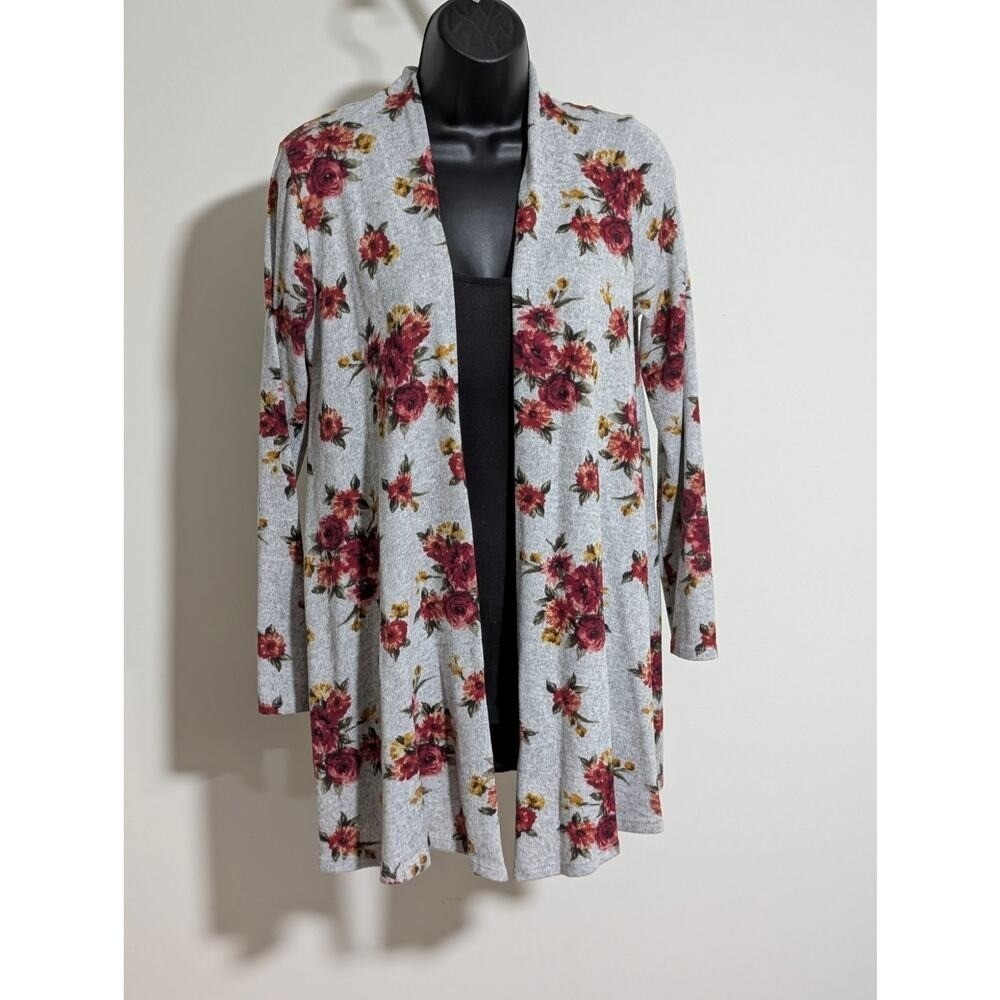 BomBom Gray & Floral Open Front Knit Cardigan Sweater - Size Medium